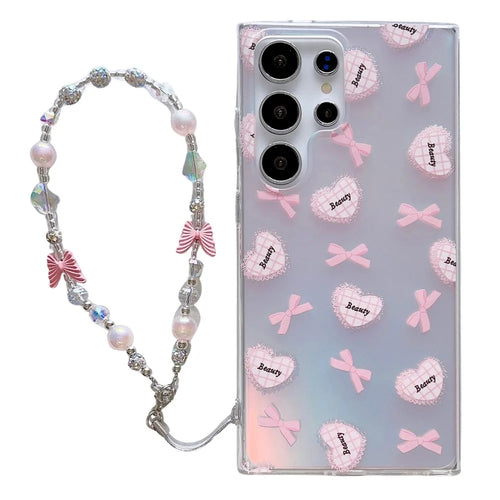 For Samsung Galaxy S24 Ultra TPU Case Pattern Print Laser Effect Phone Cover with Chain Strap - Heart and Bowknot - 1