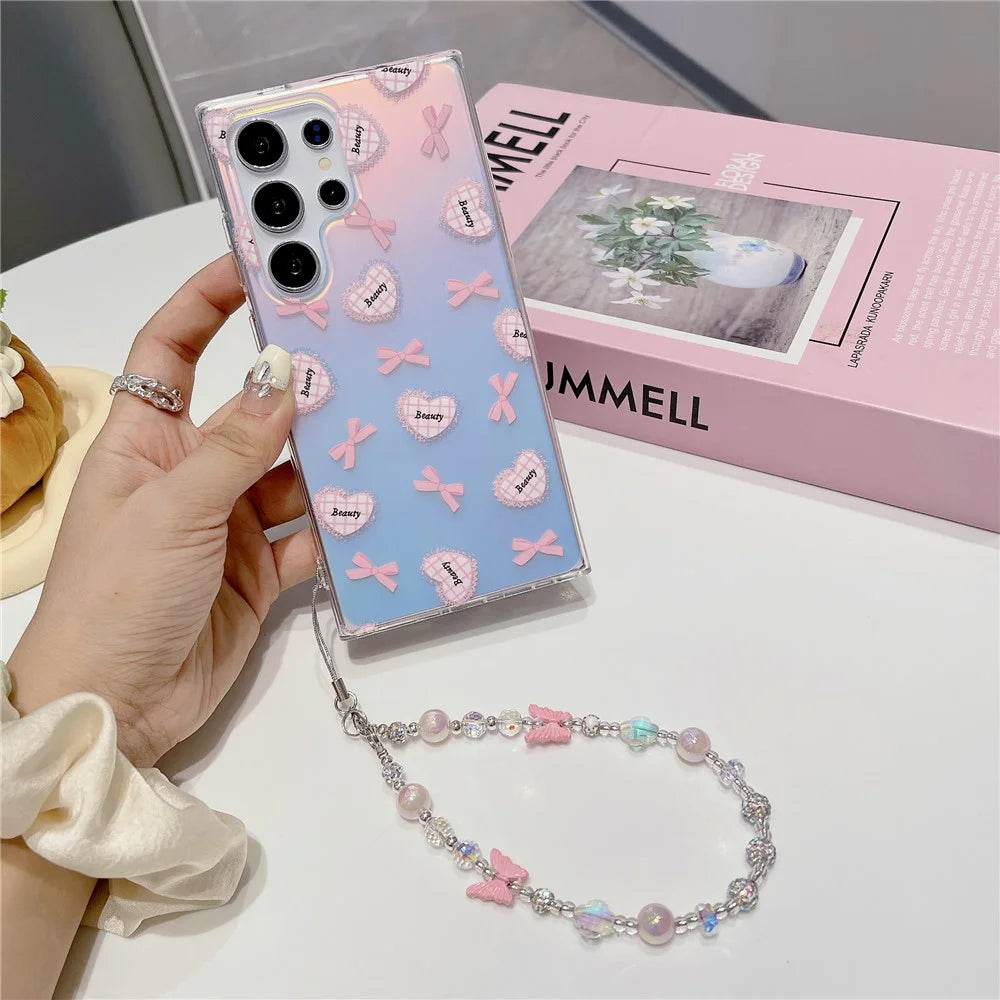 For Samsung Galaxy S24 Ultra TPU Case Pattern Print Laser Effect Phone Cover with Chain Strap - Heart and Bowknot - 3
