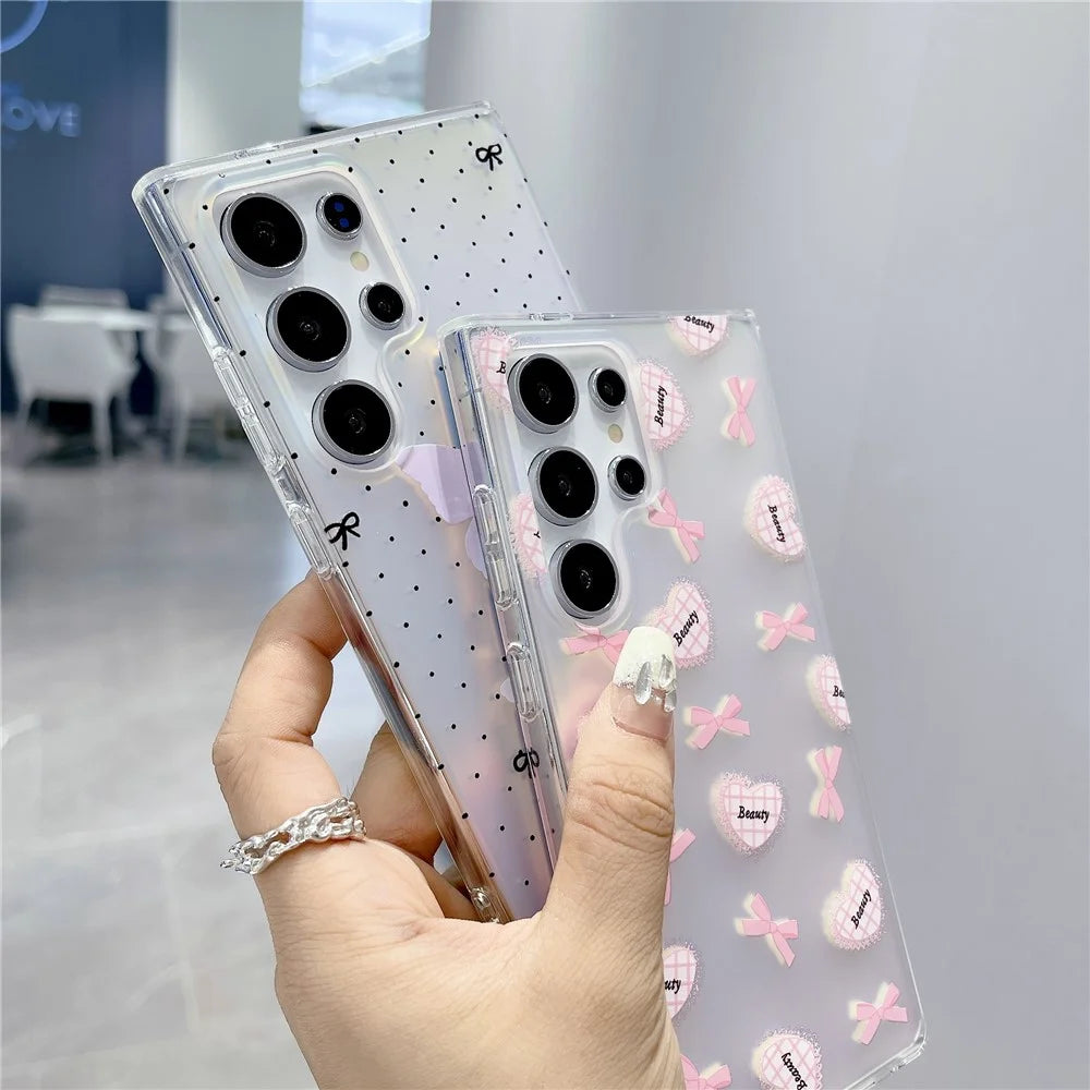 For Samsung Galaxy S24 Ultra TPU Case Pattern Print Laser Effect Phone Cover with Chain Strap - Heart and Bowknot - 5