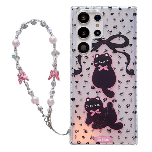 For Samsung Galaxy S24 Ultra Case Laser Effect Cartoon Cat Pattern TPU Phone Cover with Chain Strap - Bowknot Cat - 1