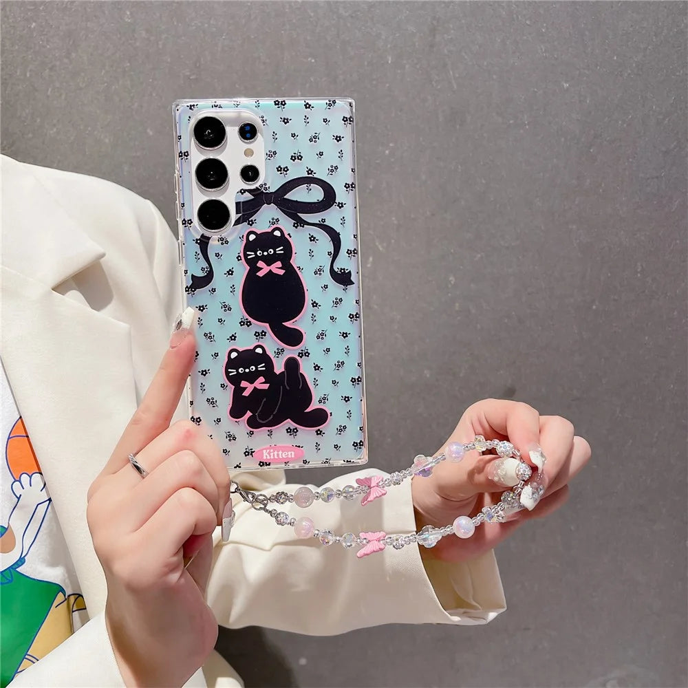 For Samsung Galaxy S24 Ultra Case Laser Effect Cartoon Cat Pattern TPU Phone Cover with Chain Strap - Bowknot Cat - 2