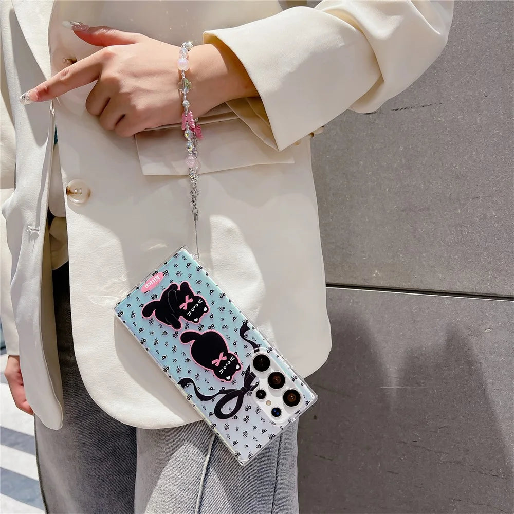 For Samsung Galaxy S24 Ultra Case Laser Effect Cartoon Cat Pattern TPU Phone Cover with Chain Strap - Bowknot Cat - 3