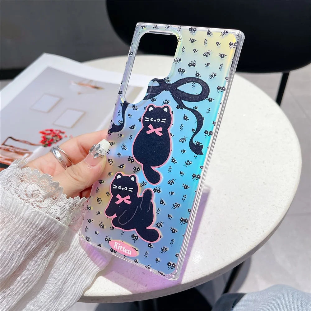For Samsung Galaxy S24 Ultra Case Laser Effect Cartoon Cat Pattern TPU Phone Cover with Chain Strap - Bowknot Cat - 5