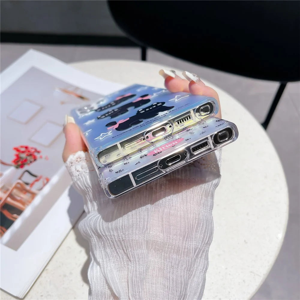 For Samsung Galaxy S24 Ultra Case Laser Effect Cartoon Cat Pattern TPU Phone Cover with Chain Strap - Bowknot Cat - 6