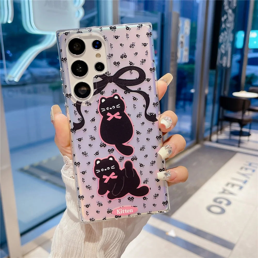 For Samsung Galaxy S23 Ultra Case TPU Cute Cat Pattern Laser Phone Cover - Bowknot Cat - 4