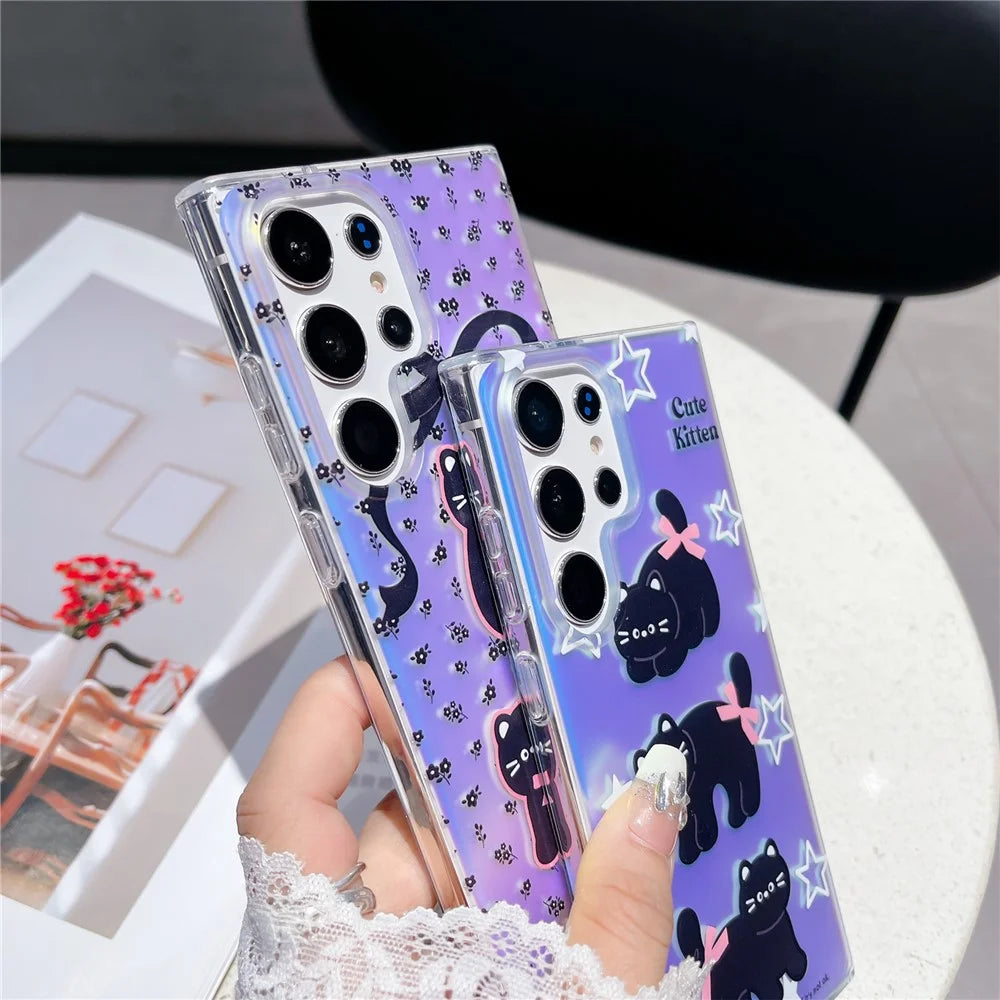 For Samsung Galaxy S23 Ultra Case TPU Cute Cat Pattern Laser Phone Cover - Bowknot Cat - 7