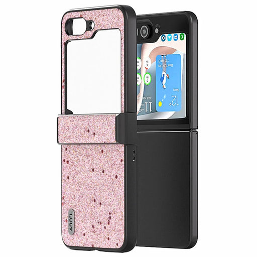 ABEEL For Samsung Galaxy Z Flip7 FE 5G / Z Flip6 5G Case PU Leather+PC Glitter Phone Cover with Hinge Design - Pink - 1