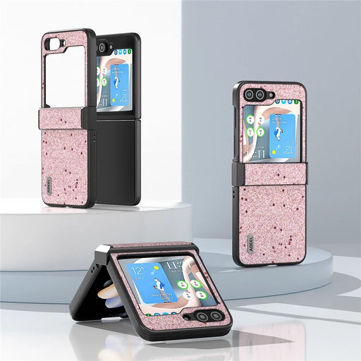 ABEEL For Samsung Galaxy Z Flip7 FE 5G / Z Flip6 5G Case PU Leather+PC Glitter Phone Cover with Hinge Design - Pink - 2