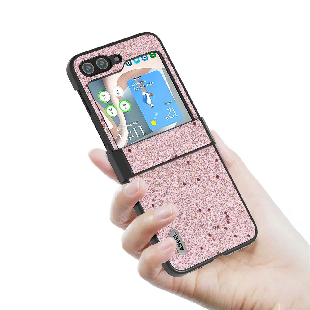 ABEEL For Samsung Galaxy Z Flip7 FE 5G / Z Flip6 5G Case PU Leather+PC Glitter Phone Cover with Hinge Design - Pink - 3