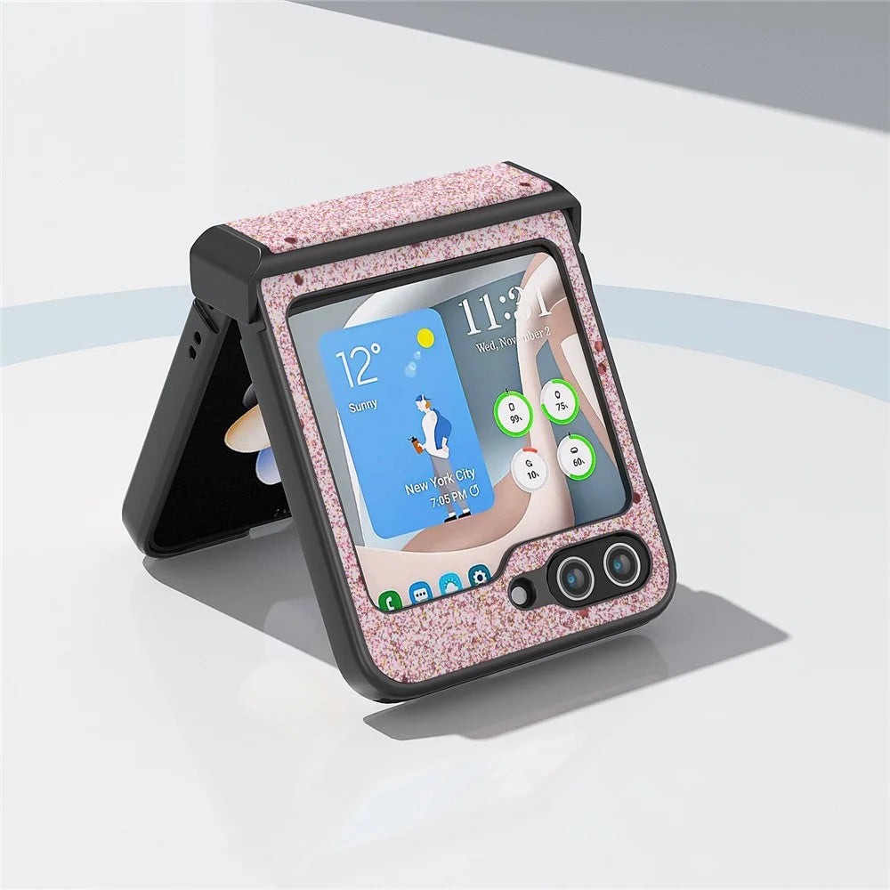 ABEEL For Samsung Galaxy Z Flip7 FE 5G / Z Flip6 5G Case PU Leather+PC Glitter Phone Cover with Hinge Design - Pink - 4