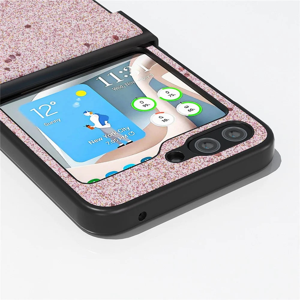 ABEEL For Samsung Galaxy Z Flip7 FE 5G / Z Flip6 5G Case PU Leather+PC Glitter Phone Cover with Hinge Design - Pink - 5
