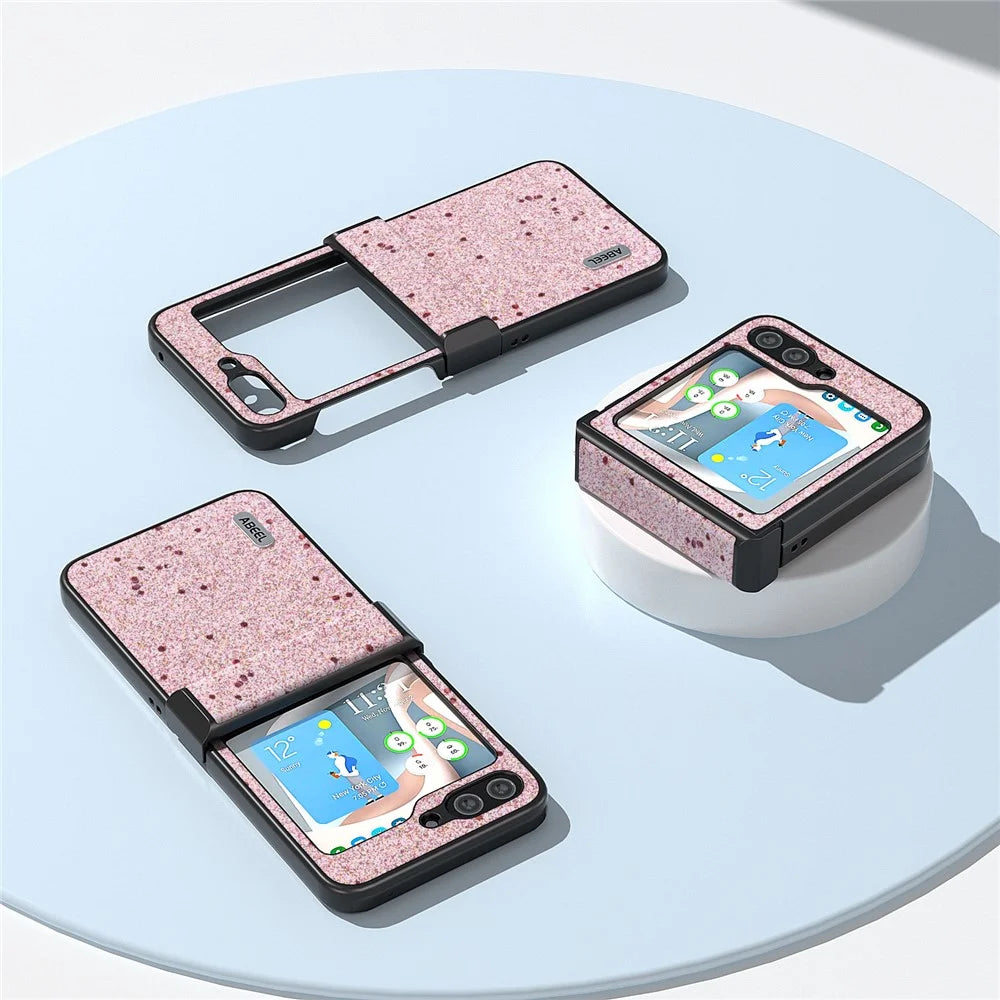 ABEEL For Samsung Galaxy Z Flip7 FE 5G / Z Flip6 5G Case PU Leather+PC Glitter Phone Cover with Hinge Design - Pink - 7