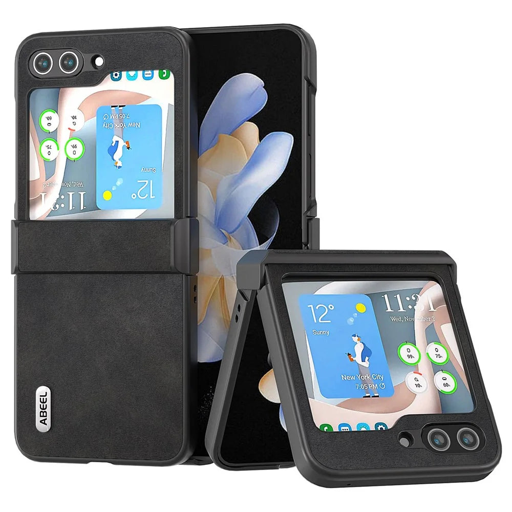 ABEEL For Samsung Galaxy Z Flip7 FE 5G / Z Flip6 5G Phone Case Anti-Scratch PU+PC Hinge Protection Cover - Black - 1