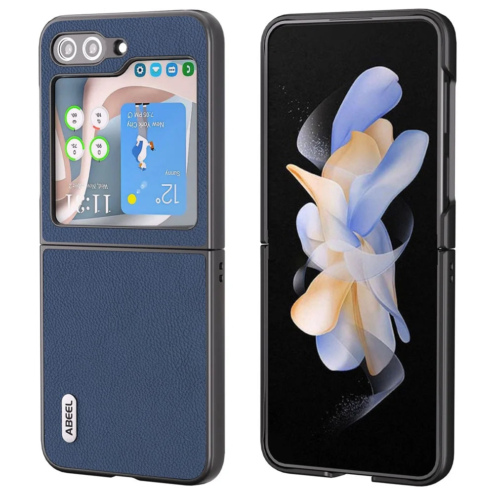 ABEEL For Samsung Galaxy Z Flip7 FE 5G / Z Flip6 5G Case Cowhide Leather Litchi Texture Phone Protective Cover - Blue - 1
