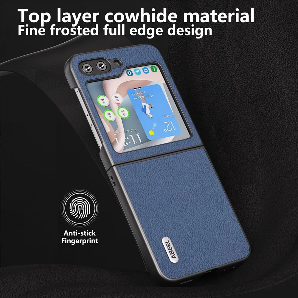 ABEEL For Samsung Galaxy Z Flip7 FE 5G / Z Flip6 5G Case Cowhide Leather Litchi Texture Phone Protective Cover - Blue - 4