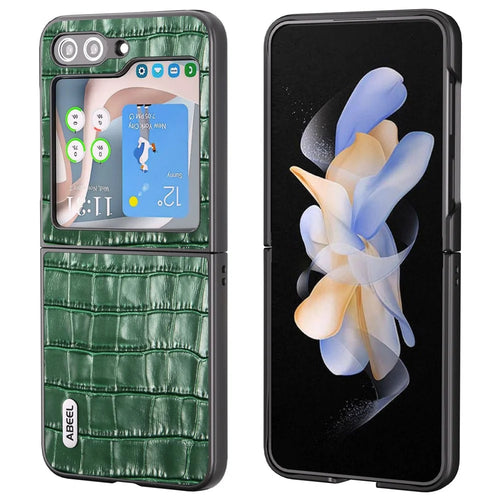 ABEEL For Samsung Galaxy Z Flip7 FE 5G / Z Flip6 5G Genuine Cow Leather+PC Phone Cover Crocodile Texture Anti-Drop Case - Green - 1