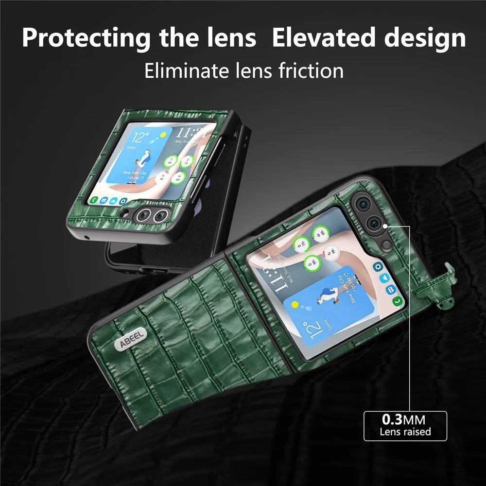 ABEEL For Samsung Galaxy Z Flip7 FE 5G / Z Flip6 5G Genuine Cow Leather+PC Phone Cover Crocodile Texture Anti-Drop Case - Green - 2