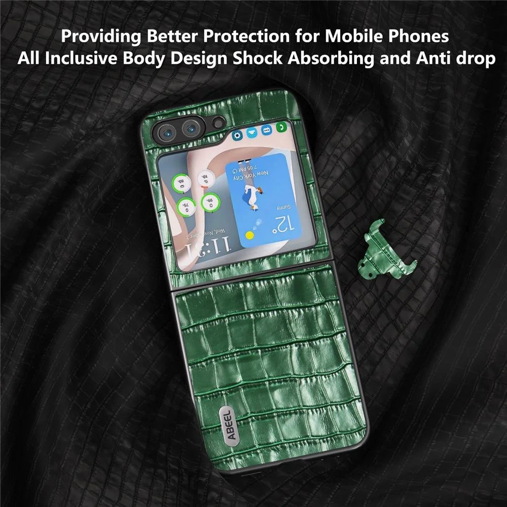 ABEEL For Samsung Galaxy Z Flip7 FE 5G / Z Flip6 5G Genuine Cow Leather+PC Phone Cover Crocodile Texture Anti-Drop Case - Green - 3