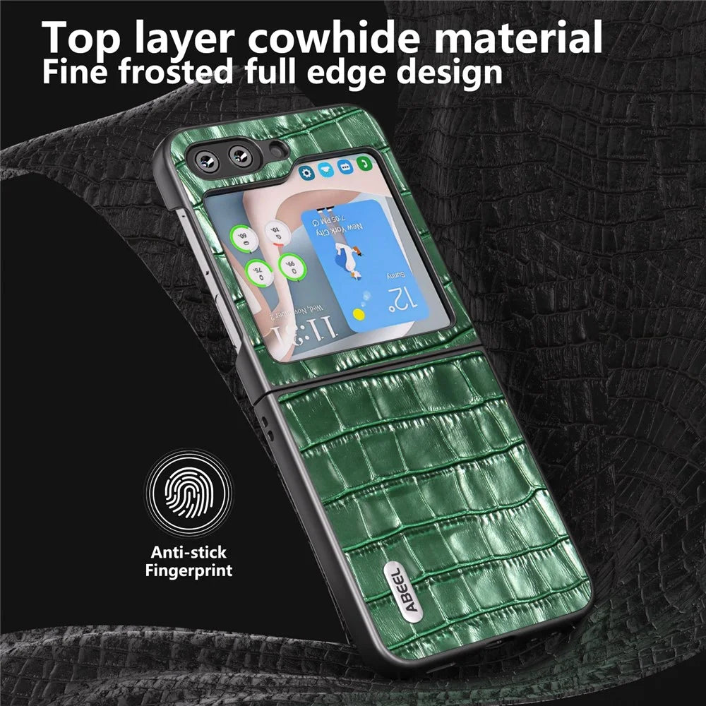 ABEEL For Samsung Galaxy Z Flip7 FE 5G / Z Flip6 5G Genuine Cow Leather+PC Phone Cover Crocodile Texture Anti-Drop Case - Green - 4