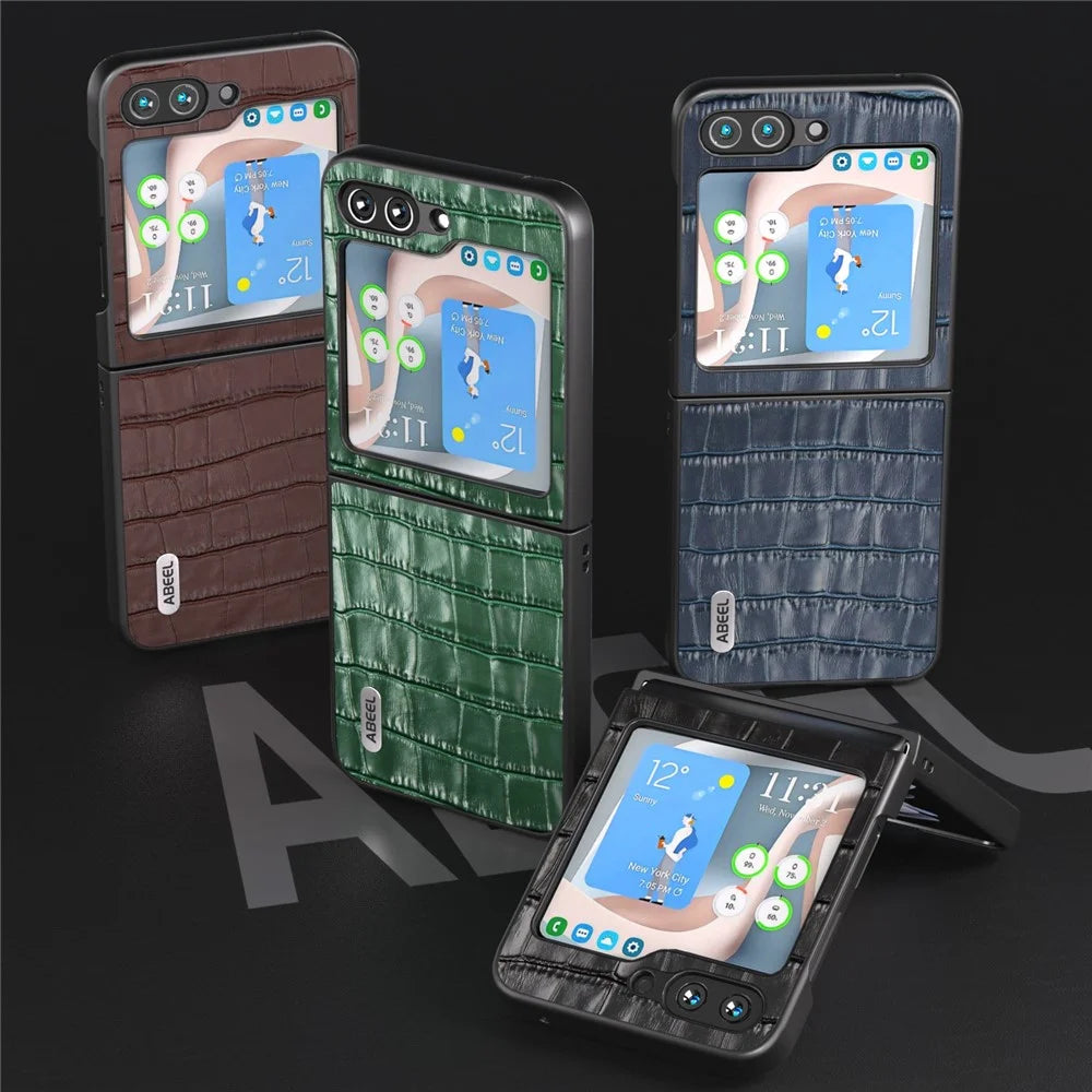 ABEEL For Samsung Galaxy Z Flip7 FE 5G / Z Flip6 5G Genuine Cow Leather+PC Phone Cover Crocodile Texture Anti-Drop Case - Green - 5