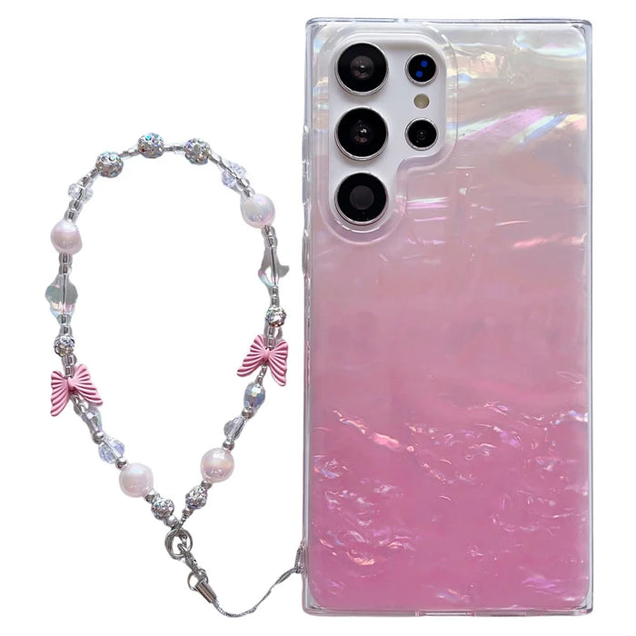 For Samsung Galaxy S24 Ultra Case Seashell Pattern Shiny TPU Phone Cover with Chain - Pink - 1