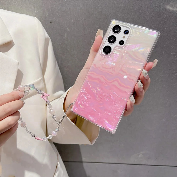 For Samsung Galaxy S24 Ultra Case Seashell Pattern Shiny TPU Phone Cover with Chain - Pink - 2