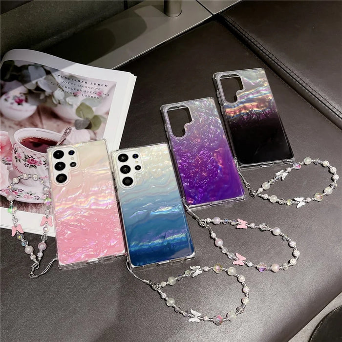 For Samsung Galaxy S24 Ultra Case Seashell Pattern Shiny TPU Phone Cover with Chain - Pink - 6