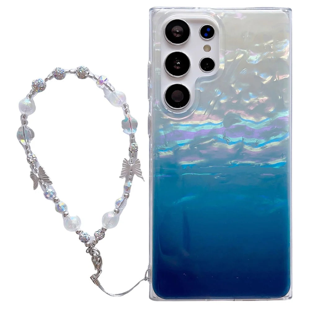 For Samsung Galaxy S23 Ultra Case Seashell Pattern TPU Shiny Phone Cover with Chain - Blue - 1
