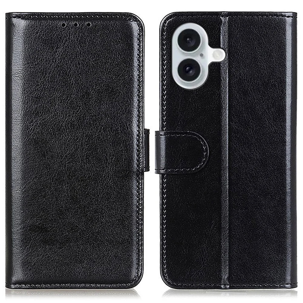 For iPhone 16 Plus Case PU Leather Wallet Phone Cover Crazy Horse Texture - Black - 1