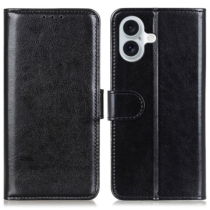 For iPhone 16 Plus Case PU Leather Wallet Phone Cover Crazy Horse Texture - Black - 1