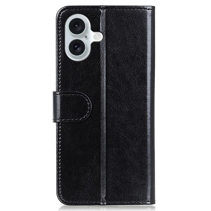 For iPhone 16 Plus Case PU Leather Wallet Phone Cover Crazy Horse Texture - Black - 6