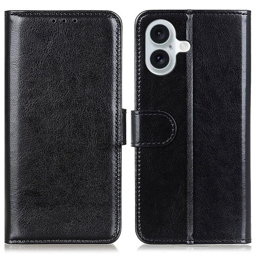 For iPhone 16 Case Crazy Horse Texture PU Leather Wallet Phone Cover - Black - 1