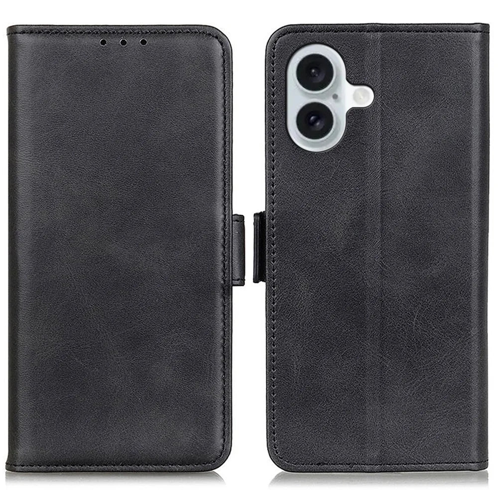 For iPhone 16 Case PU Leather Side-Magnetic Stand Card Slots Phone Cover - Black - 1