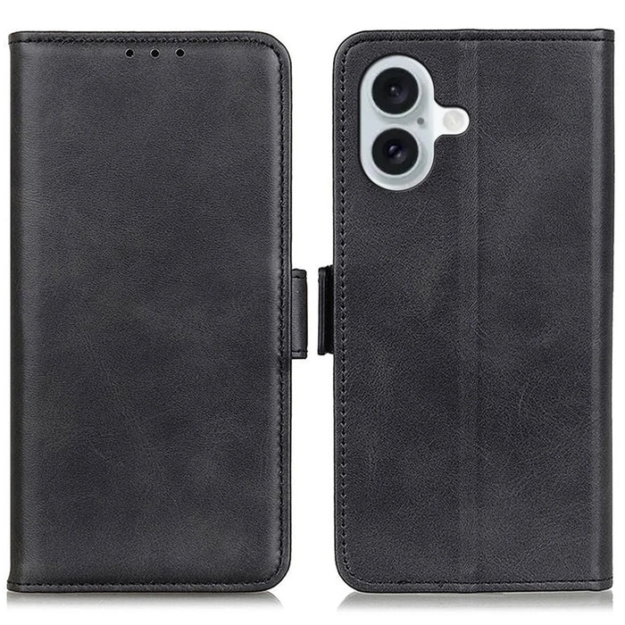 For iPhone 16 Case PU Leather Side-Magnetic Stand Card Slots Phone Cover - Black - 1