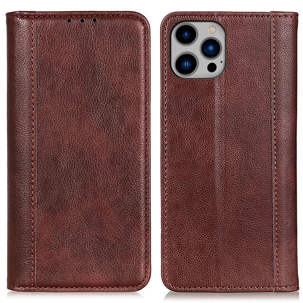 For iPhone 16 Pro Max Case Split Leather Magnetic Auto Closing Wallet Phone Cover - Brown - 1