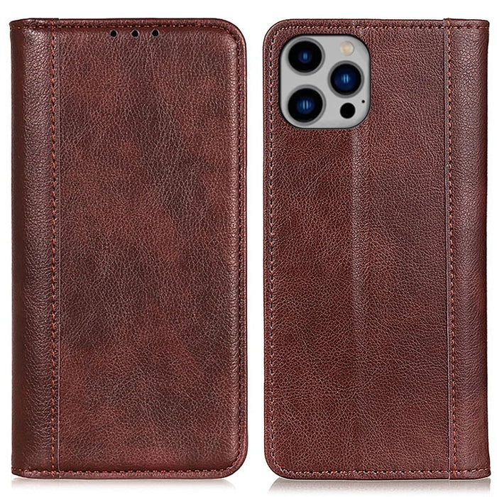 For iPhone 16 Pro Max Case Split Leather Magnetic Auto Closing Wallet Phone Cover - Brown - 1