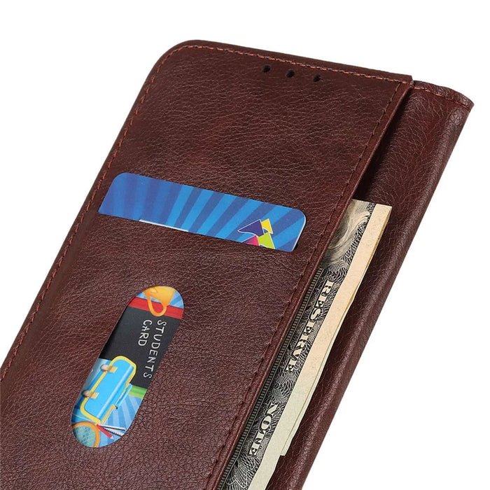 For iPhone 16 Pro Max Case Split Leather Magnetic Auto Closing Wallet Phone Cover - Brown - 4