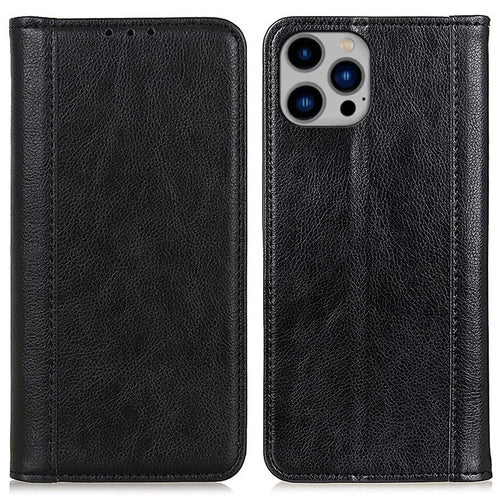 For iPhone 16 Pro Cases Split Leather Wallet Flip Phone Cover Mobile Spares   - Black - 1