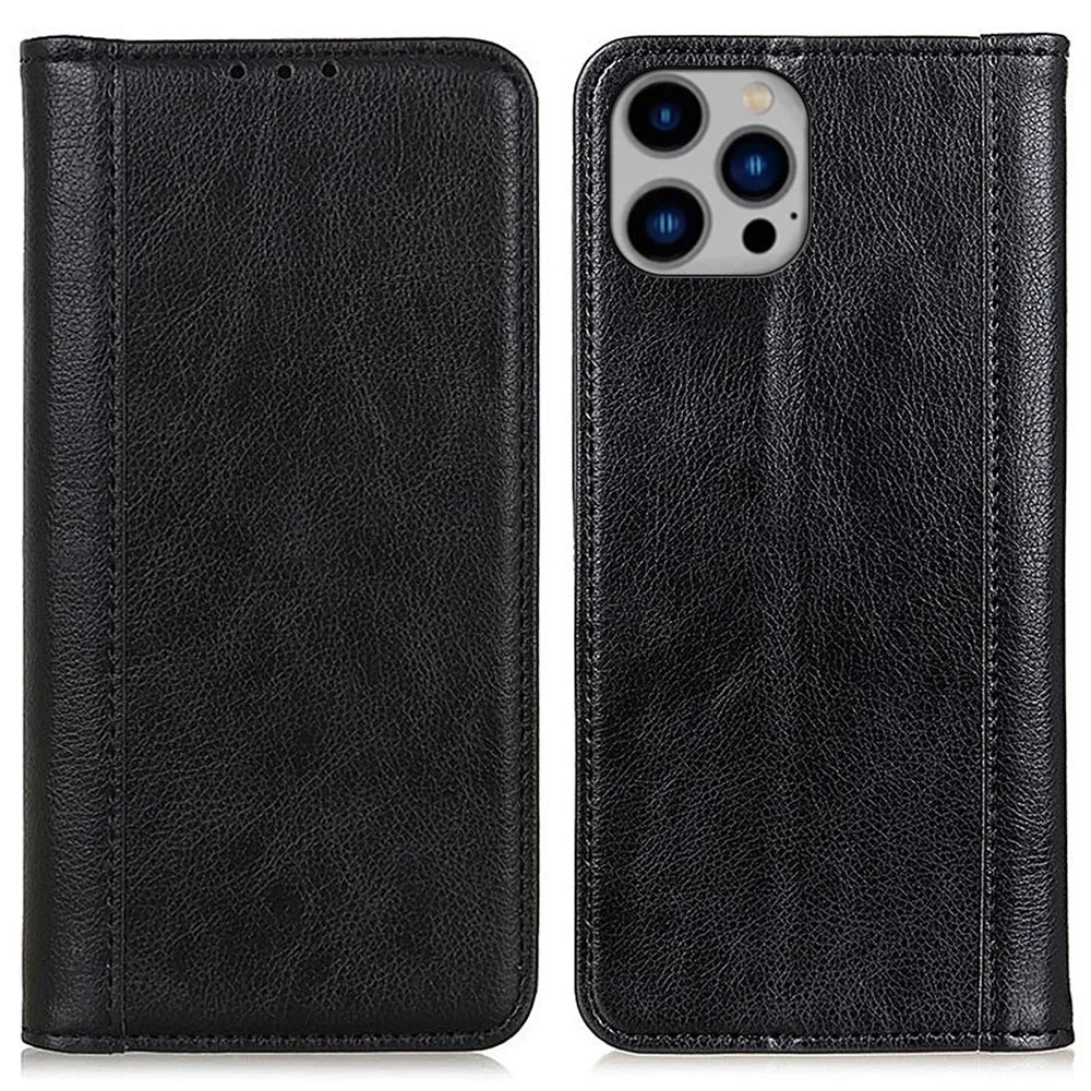 For iPhone 16 Pro Cases Split Leather Wallet Flip Phone Cover Mobile Spares   - Black - 1