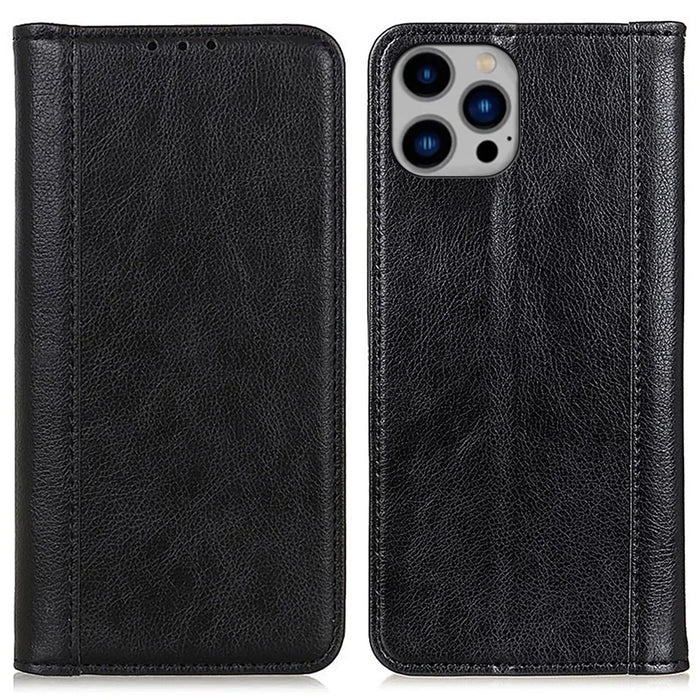 For iPhone 16 Pro Cases Split Leather Wallet Flip Phone Cover Mobile Spares   - Black - 1