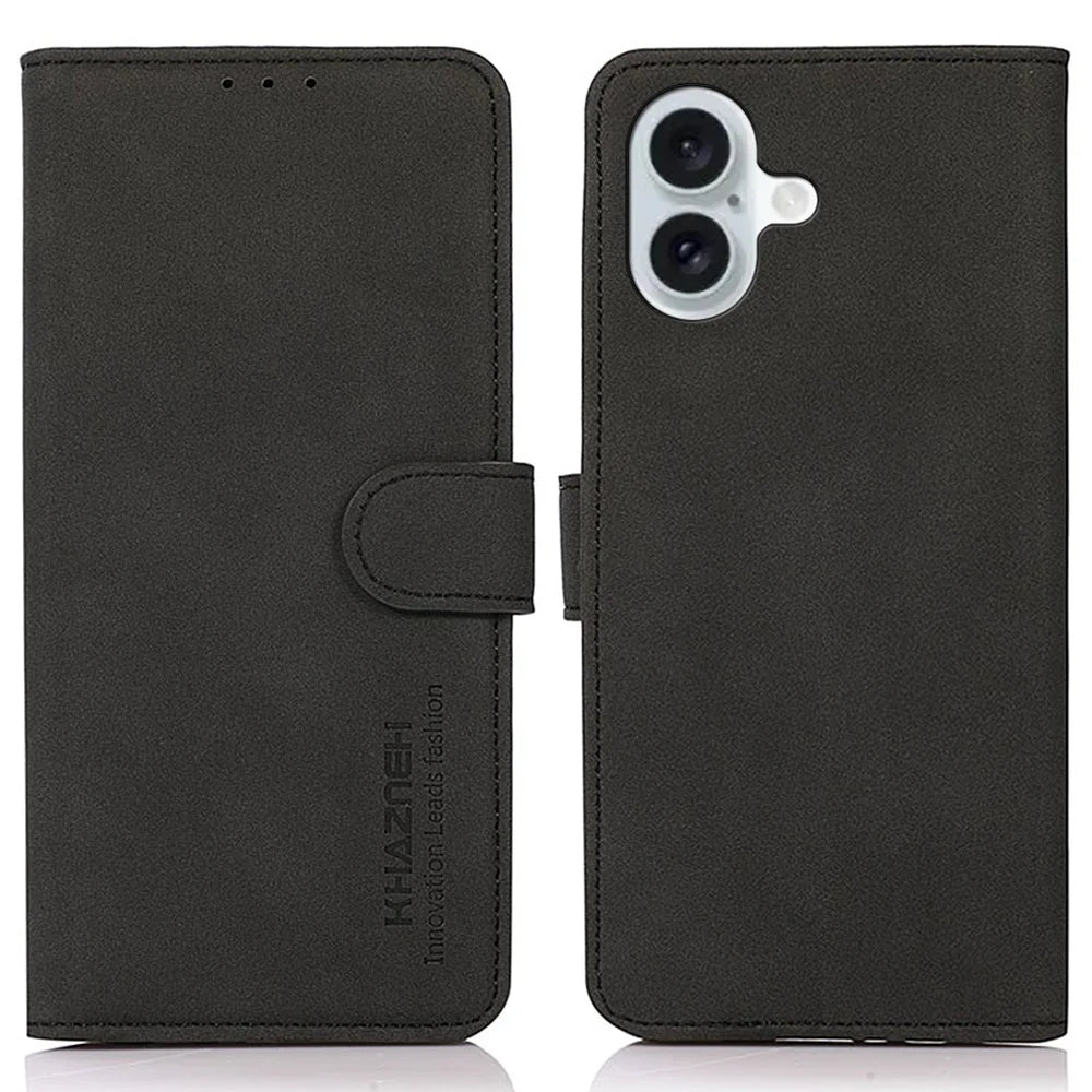 KHAZNEH For iPhone 16 Plus Case Suede Texture Wallet Leather Phone Cover - Black - 1