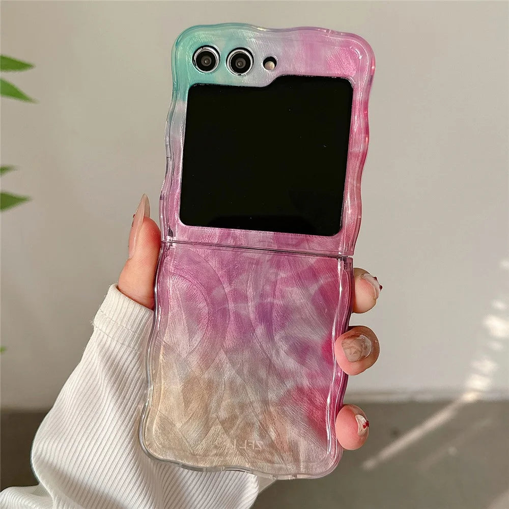 For Samsung Galaxy Z Flip5 5G Case Hard PC Wavy Edge Gradient Phone Cover - Pink / Yellow - 1