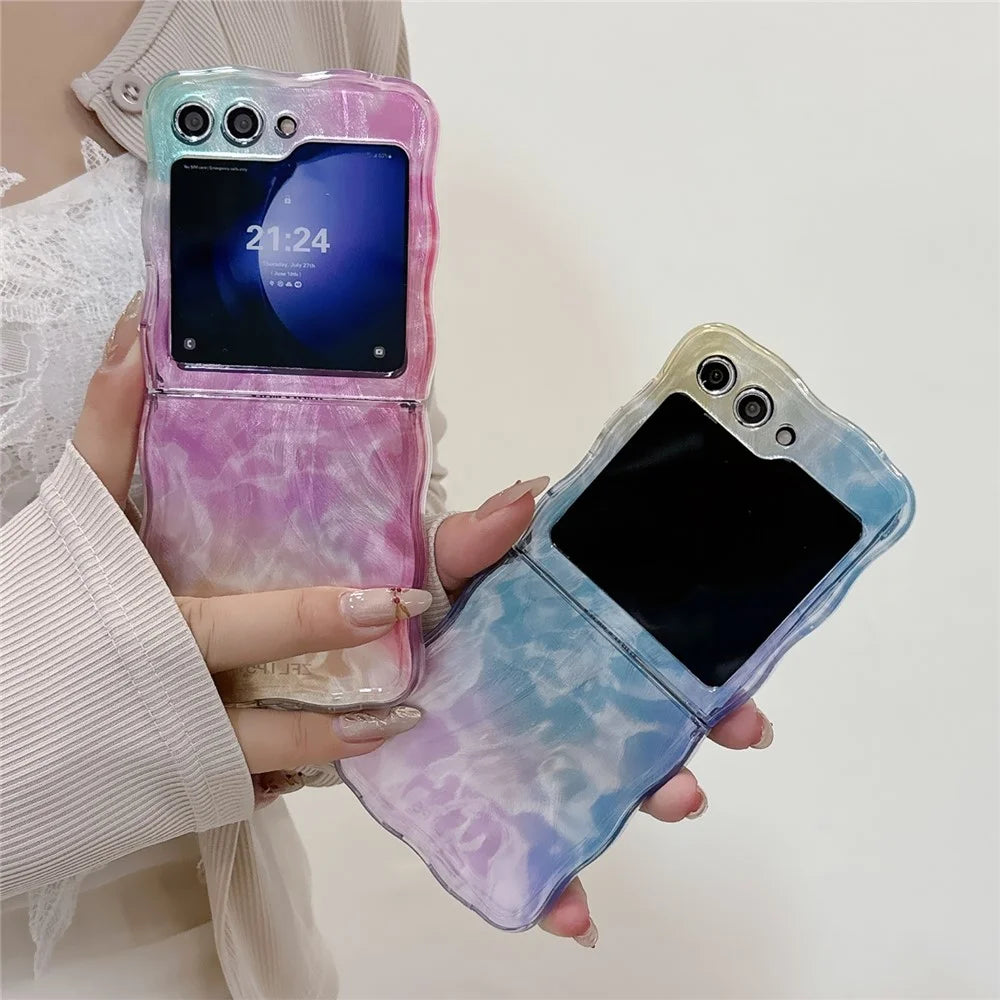For Samsung Galaxy Z Flip5 5G Case Hard PC Wavy Edge Gradient Phone Cover - Pink / Yellow - 2