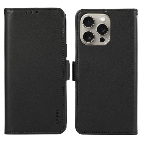 ABEEL For iPhone 16 Pro Leather Case RFID Blocking Phone Cover with Dual Magnetic Clasps - Black - 1