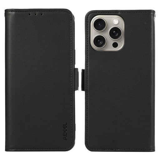 ABEEL For iPhone 16 Pro Leather Case RFID Blocking Phone Cover with Dual Magnetic Clasps - Black - 1