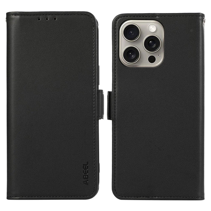 ABEEL For iPhone 16 Pro Leather Case RFID Blocking Phone Cover with Dual Magnetic Clasps - Black - 1