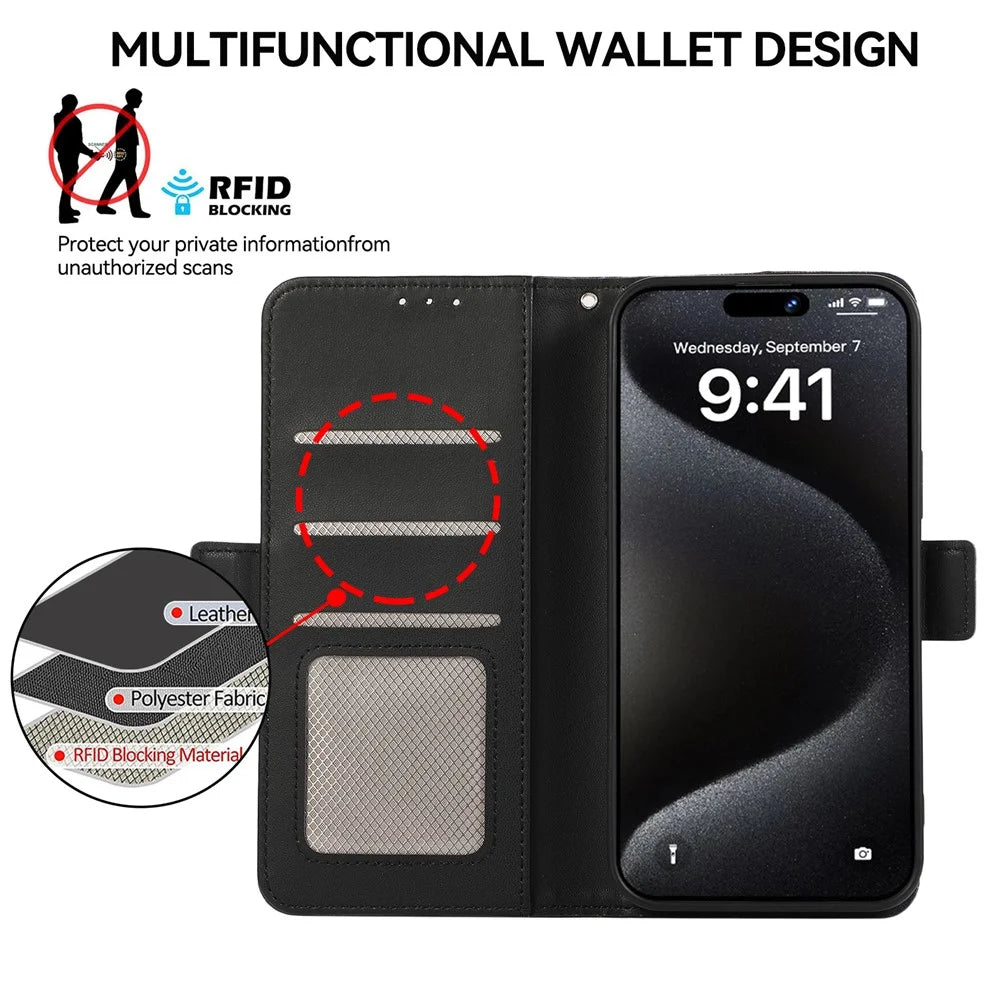 ABEEL For iPhone 16 Stand Case RFID Blocking Leather Wallet Phone Cover - Black - 5