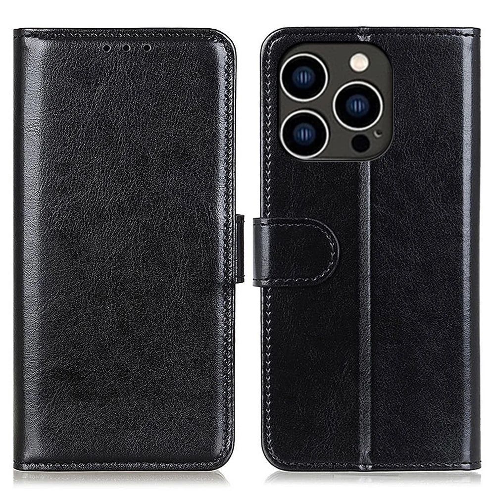 For iPhone 16 Pro Case PU Leather Stand Cell Phone Cover Crazy Horse Texture - Black - 1