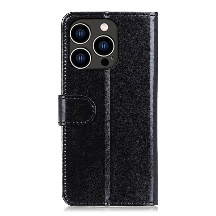 For iPhone 16 Pro Case PU Leather Stand Cell Phone Cover Crazy Horse Texture - Black - 6