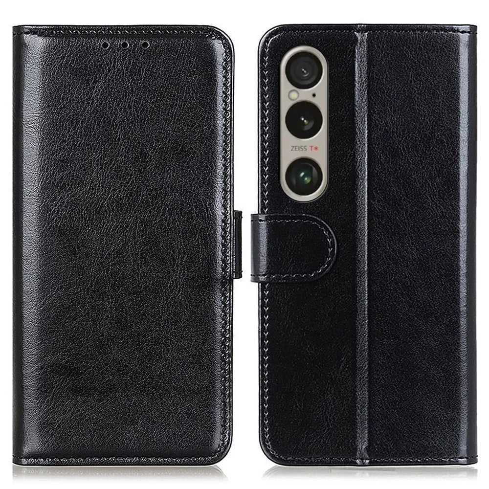 For Sony Xperia 1 VI Case PU Leather Crazy Horse Texture Phone Wallet Folio Cover - Black - 1